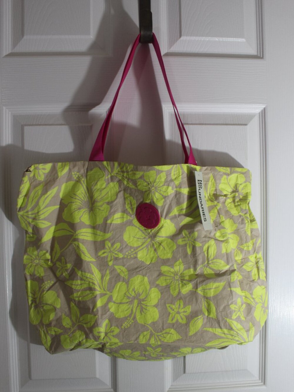 Lime Hibiscus Print Tote Bag with Pink Straps